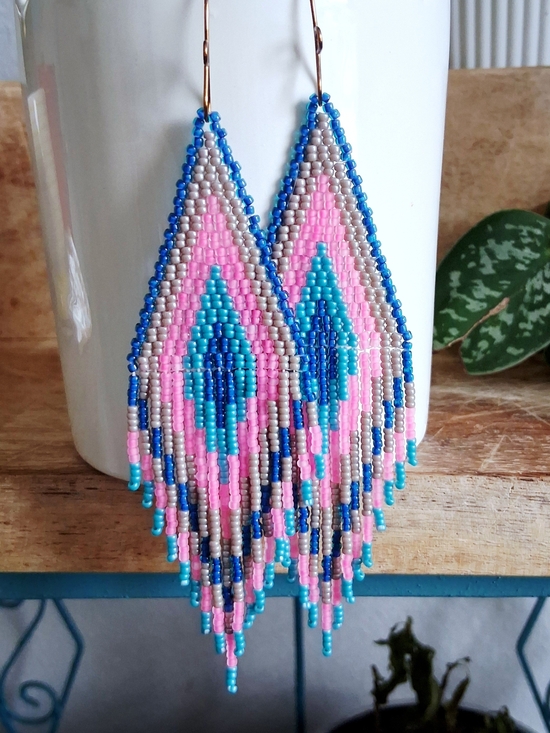 Handmade Jewelry - Boho Pink & Blue Seed Bead Fringe Earrings, 5.5"